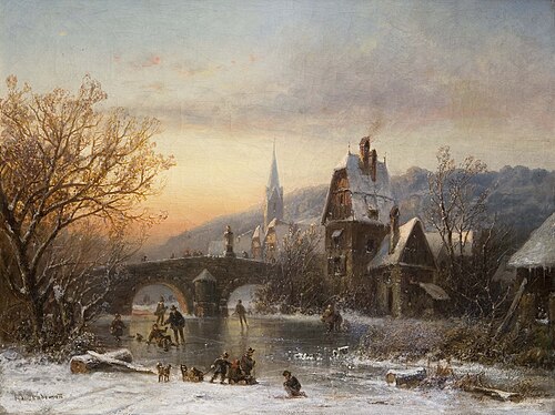 Eisvergnügen in stimmungsvoller Winterlandschaft, 1850, Adolf von Stademann