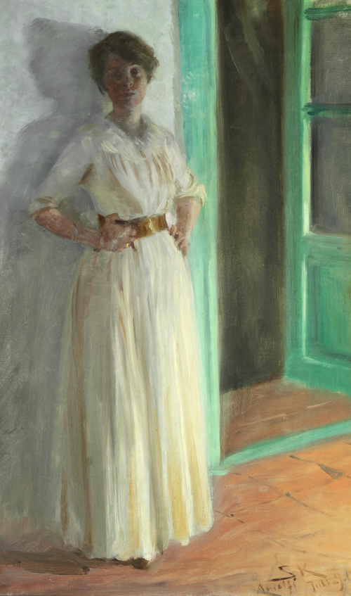 Marie Krøyer. Full-length portrait. Evening with lamplight on the terrace, 1890, Peder Severin Krøyer