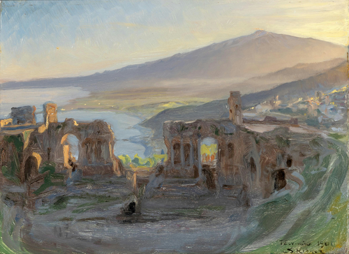 Evening landscape by the antique theatre in Taormina with a view of Etna and the Gulf., 1901, Peder Severin Krøyer