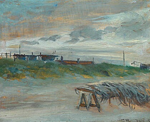 Skagen Sønderstrand on a June evening with cloudy weather. Fishing nets in front., 1907, Peder Severin Krøyer