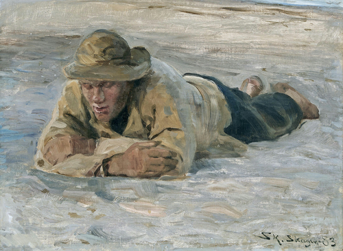 A fisherman resting in the sand with his chest against his arms, 1883, Peder Severin Krøyer