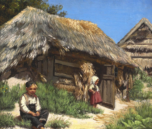 A thatched house. Summer day with warm blue skies. Arranged with a couple of children., 1871, Peder Severin Krøyer