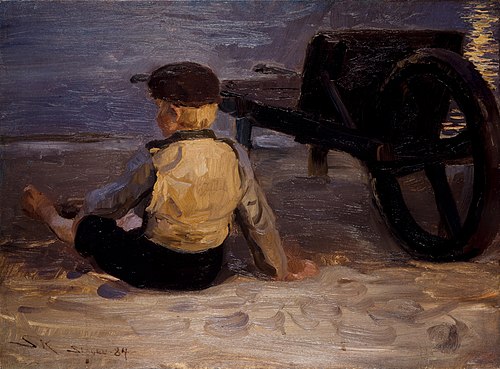 Fisher boy sitting beside a wheelbarrow. Skagen South Beach, 1884, Peder Severin Krøyer