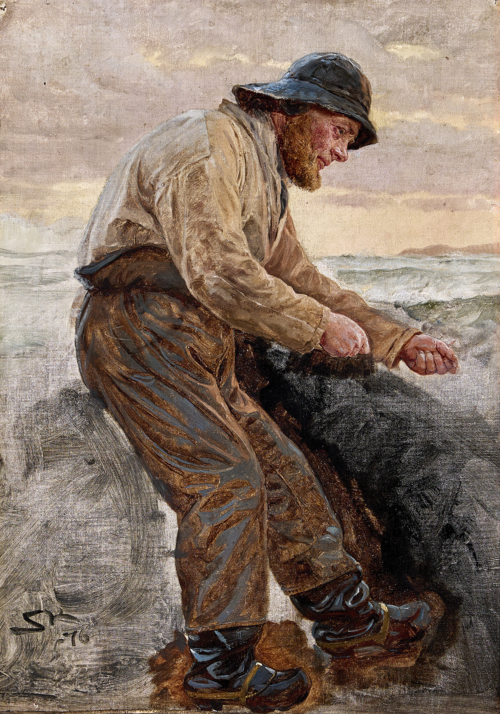 A fisherman from Hornbæk. Full figure standing in a boat. Study., 1876, Peder Severin Krøyer