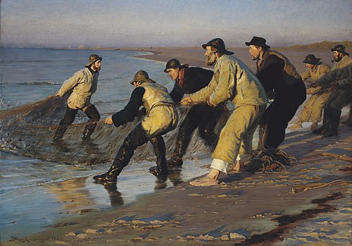 Fishermen haul dragnets at Skagen's Northern Beach. Late afternoon, 1883, Peder Severin Krøyer