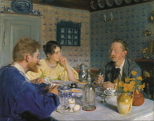 A luncheon. The artist, his wife and the writer Otto Benzon, 1893, Peder Severin Krøyer