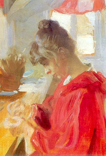 Marie sits at a table sewing, 1889, Peder Severin Krøyer