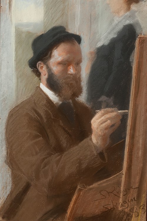 Michael Ancher painting Anna Ancher, who is standing in the doorway, 1883, Peder Severin Krøyer
