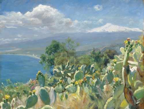 Flourishing cacti near Toarmina. In the background Mount Etna covered in snow., 1901, Peder Severin Krøyer