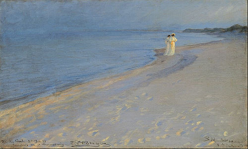 Summer evening at the South beach, Skagen. Anna Ancher and Marie Krøyer, 1893, Peder Severin Krøyer