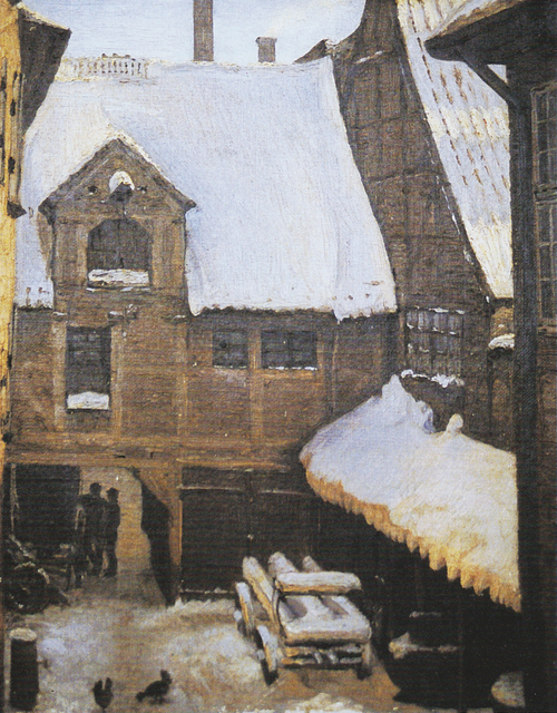 Wintery view at Mikkel Vibe's House (also known as Sigvert Grubbe's House) on Strandgade in Christia, 1871, Peder Severin Krøyer