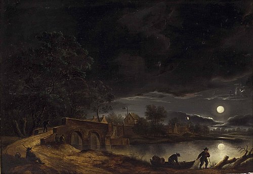 Vollmond über Dorf am Fluss mit Brücke und Personenstaffage, , Adolf Vollmer