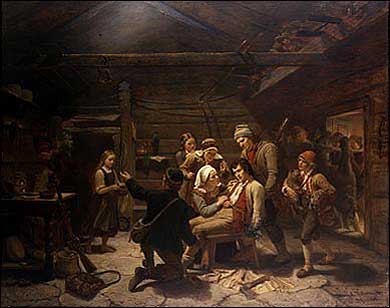 The wounded bear hunter, 1856, Adolph Tidemand