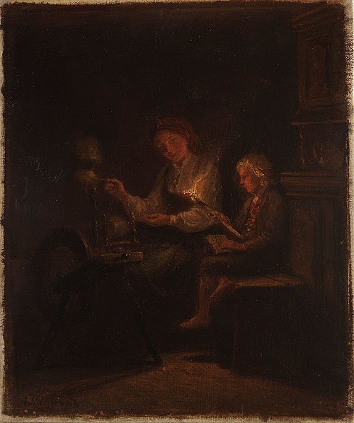 By the Spinning Wheel, 1867, Adolph Tidemand