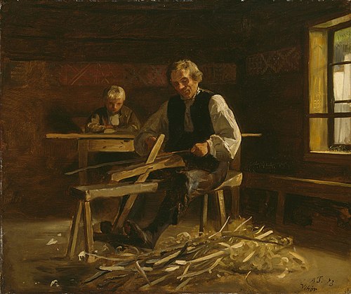 Interior from Vikøy with Farmer making Barrel Hoops, 1873, Adolph Tidemand