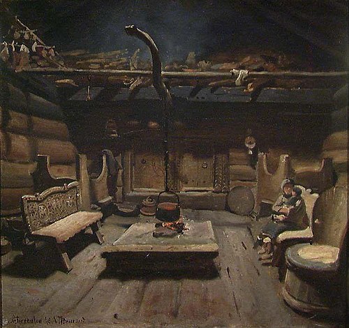 Open-Hearth Room at the Farm Sogneskar in Valle, 1848, Adolph Tidemand