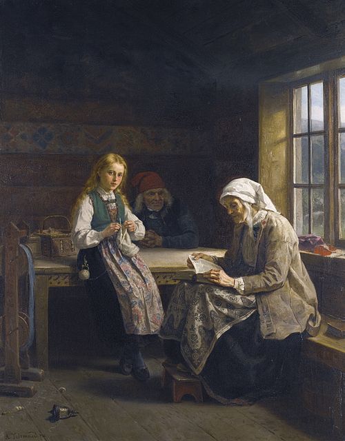 A Hardanger Interior, Young Girl Knitting, 1874, Adolph Tidemand