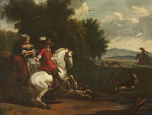 Landscape with a Hunting Party, 1721, Carel van Falens