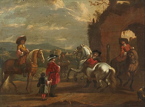 Landscape with riders and a hawker, 1721, Carel van Falens