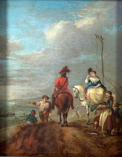 Riders and ladies on horseback, 1721, Carel van Falens