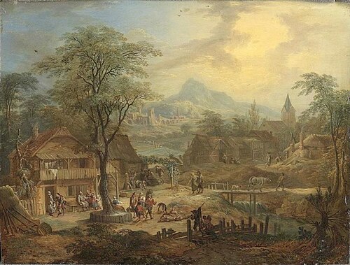 Village at the foot of a hill, 1729, Carel Van Falens