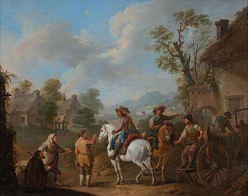Noblemen on horseback conversing with peasants, 1774, Carel van Falens