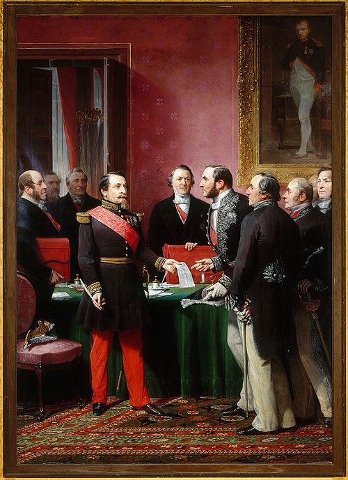 Napoléon III remettant au baron Haussmann le décret d'annexion des communes limitrophes, 1865, Adolphe Yvon