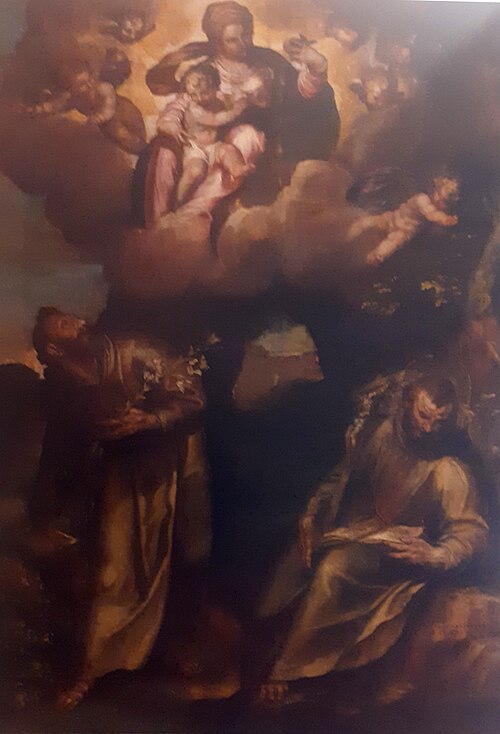 Madonna con il bambino in gloria, con san Francesco d'Assisi, sant'Antonio di Padova e un santo fran, 1600, Paolo Farinati