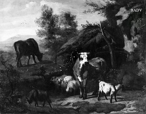 Vieh und Hirt vor einer offenen Hütte, 1661, Adriaen van de Velde