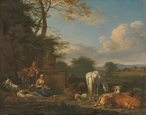 Arcadian landscape with resting herdsmen and cattle, 1664, Adriaen van de Velde