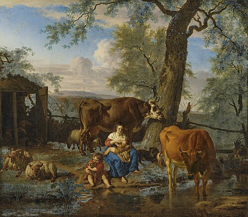 Cattle with Breastfeeding Woman and Child Playing with a Dog, 1672, Adriaen van de Velde