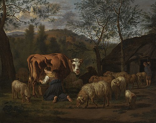 Maid milking a cow, surrounded by sheep, 1660, Adriaen van de Velde