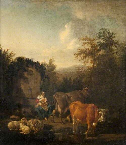 A Woman and a Child, Cattle and Sheep by a Fountain, 1669, Adriaen van de Velde