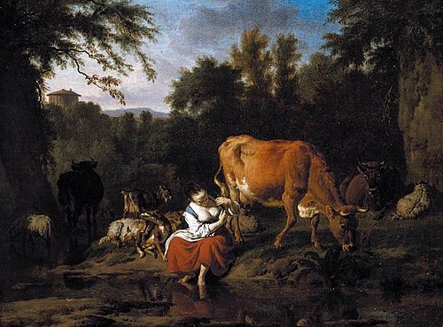 Landscape with a shepherdess and cattle on the bank of a stream, 1671, Adriaen van de Velde