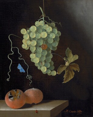Still Life with a Hanging Bunch of Grapes, Two Medlars, and a Butterfly, 1687, Adriaen Coorte