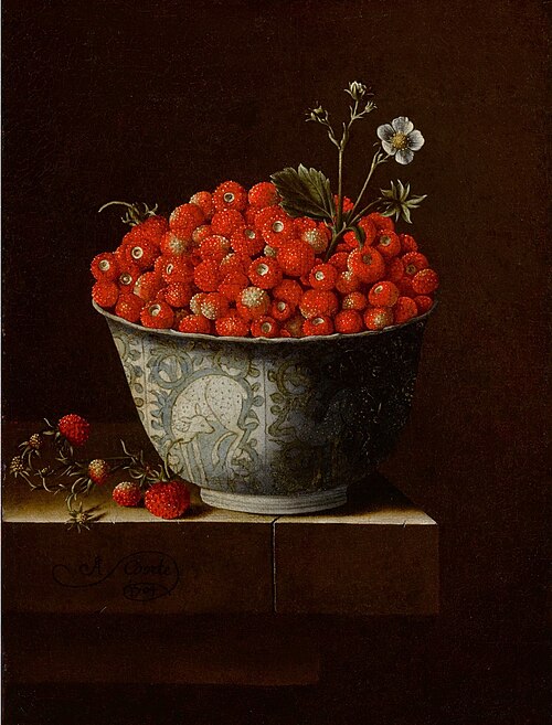 Still life of fraises-de-bois in a Wan-Li bowl upon a stone ledge, 1704, Adriaen Coorte