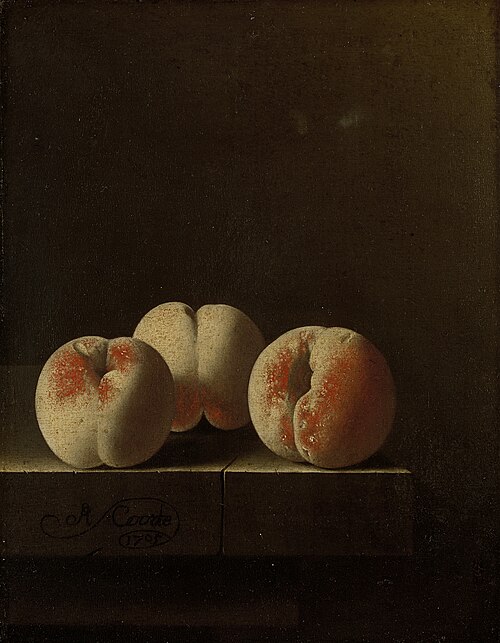 Drie perziken op een stenen plint, 1705, Adriaen Coorte