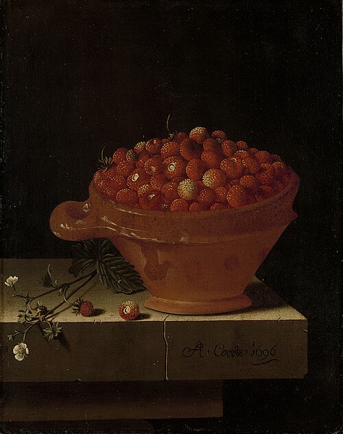 Een bakje aardbeien op een stenen plint, 1696, Adriaen Coorte