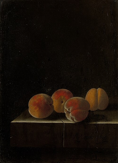 Vier abrikozen op een stenen plint, 1698, Adriaen Coorte