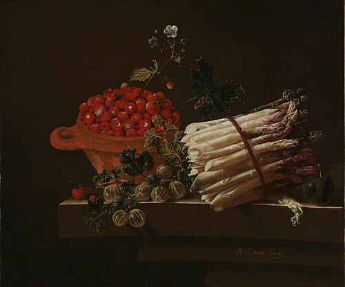 Still Life with Strawberries, Gooseberries and Asparagus, 1703, Adriaen Coorte