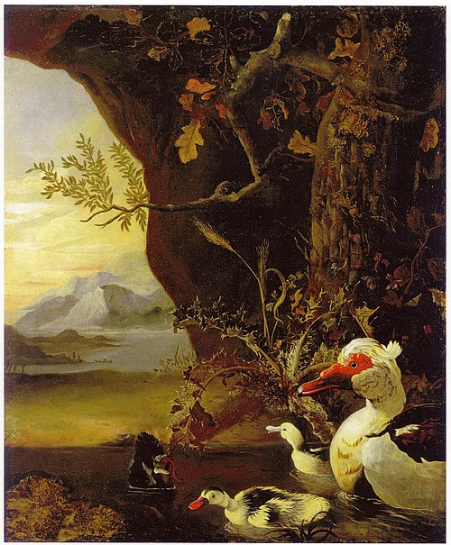 Mountainous landscape with ducks, 1684, Adriaen Coorte