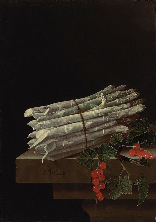 Asparagus and red currants on a stone ledge, 1696, Adriaen Coorte