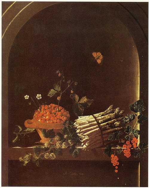 Still life with asparagus, a spray of gooseberries, a bowl of strawberries and other fruit in a nich, 1703, Adriaen Coorte