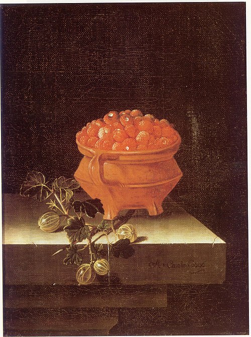 Still life with a bowl of strawberries and a spray of gooseberries, 1696, Adriaen Coorte