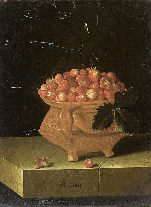 Still life with a bowl of strawberries, 1693, Adriaen Coorte