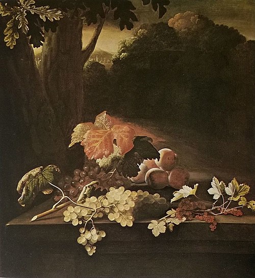 Fruit on a stone table in front of a wooded hilly landscape, 1685, Adriaen Coorte