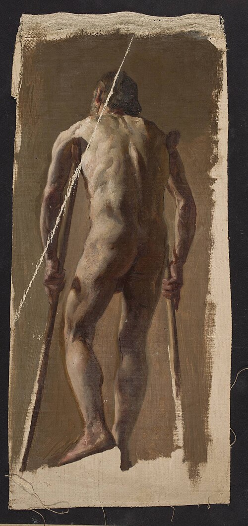 Nude of an old man leaning on crutches, back view, 1873, Kazimierz Alchimowicz
