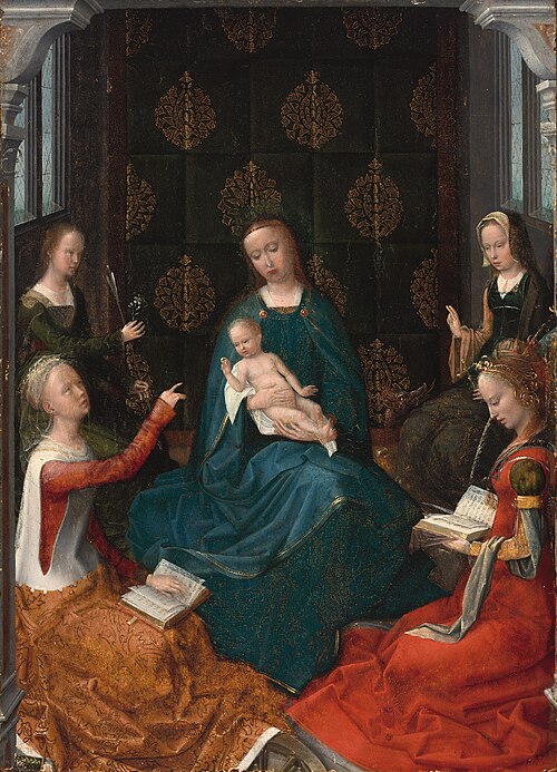 The Mystic Marriage of Saint Catherine of Alexandria with Three Female Saints: Ursula, Margaret of A, 1520, Adriaen Isenbrant