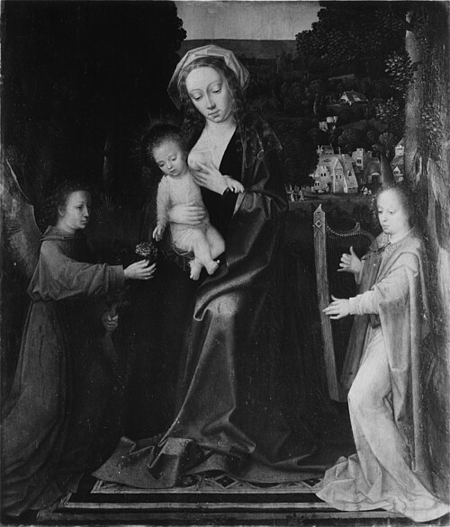 Virgin and Child with Two Angels in a Landscape, 1550, Adriaen Isenbrant