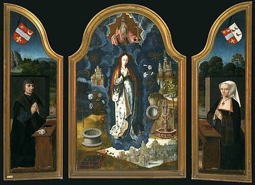 Portrait of the donor Mathias Laurin (Lauwerin) (left wing), The immaculate conception (centre panel, 1530, Adriaen Isenbrant